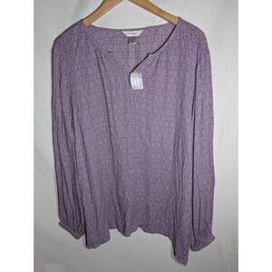 Cj Banks Womens Purple Geometric Print Long Sleeve Top Blouse Sz 2X Lavender